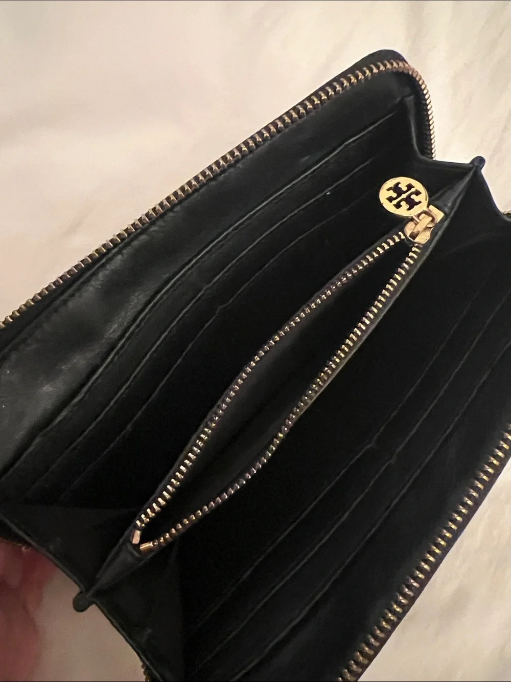 Tory Burch Black Leather Zip-Around Wallet with Gold Logo